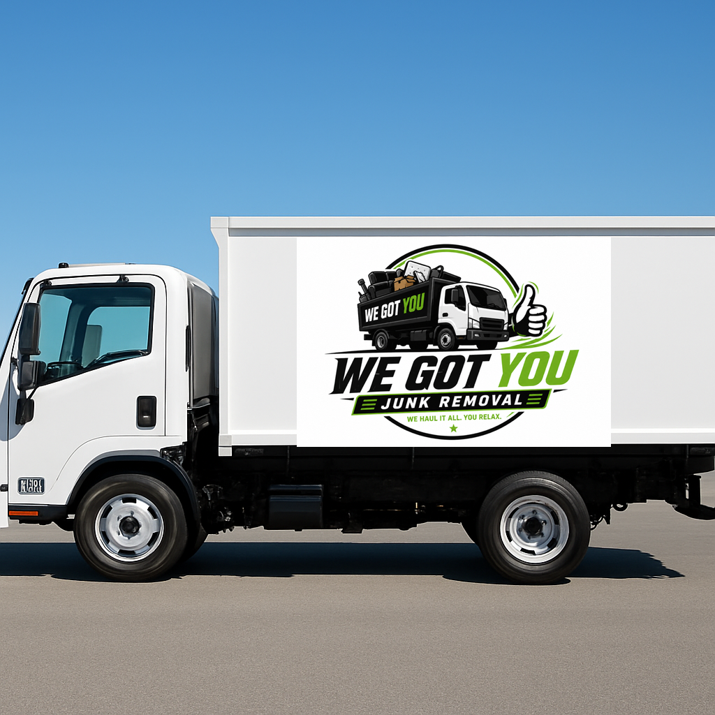 We Got You crew loading junk into a hauling truck outside a home